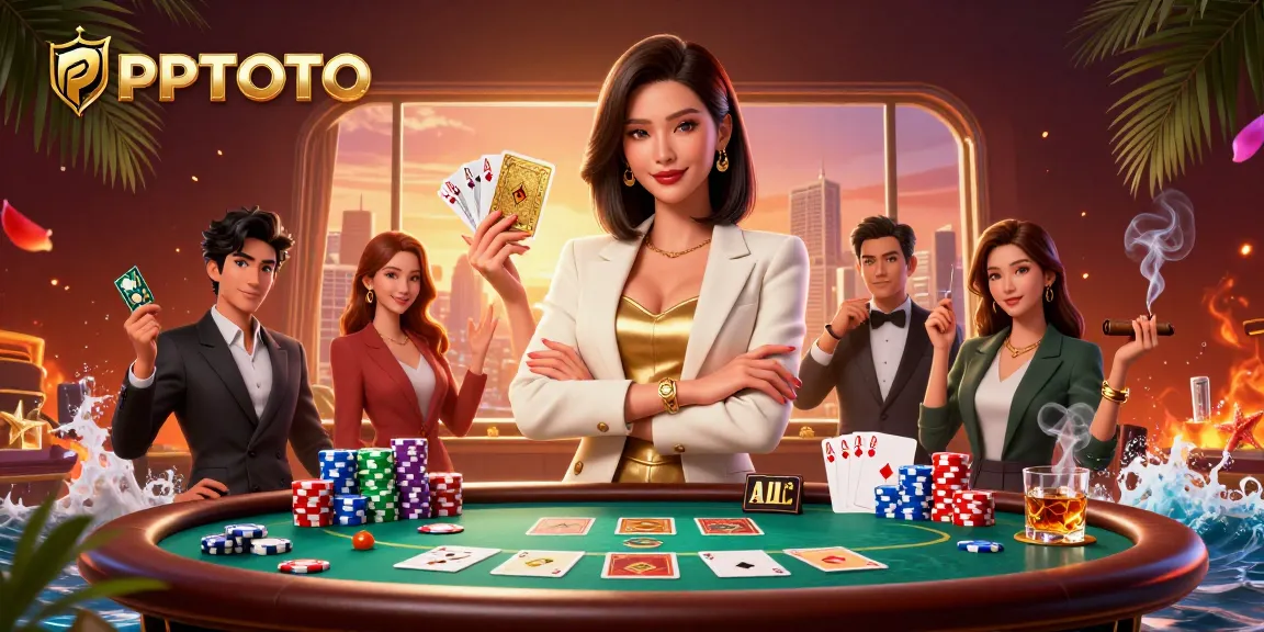 PPTOTO menampilkan seorang wanita bisnis Asia yang glamor di sebuah adegan kasino yang menakjubkan dengan elemen poker.