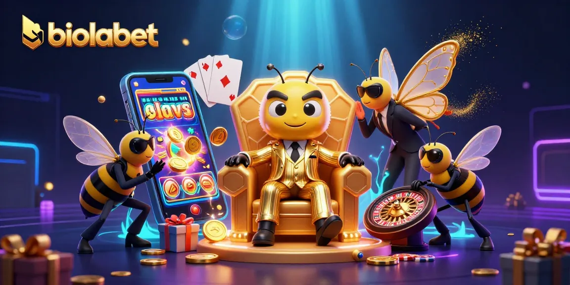 Menang di slot online dengan biolabet, sambil dikelilingi karakter menghibur dan elemen kasino menarik.