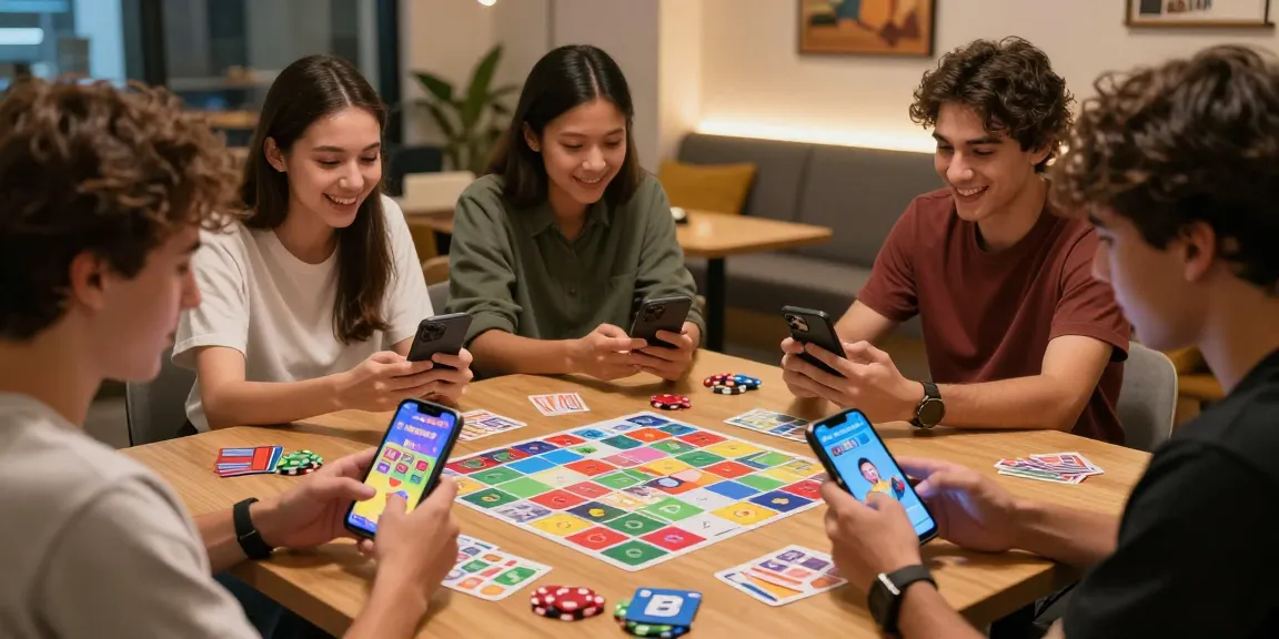 Group enjoying a New earning game night with smartphones and colorful visuals.
