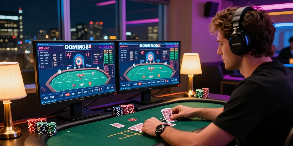 Situs Poker Online Resmi Domino88 player engaging in online poker at modern setup, showcasing excitement and focus.