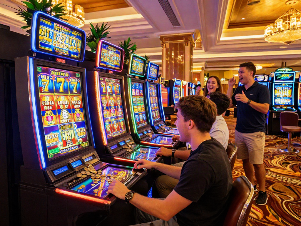 Exciting slot777 gaming experience in a vibrant casino with players celebrating wins.