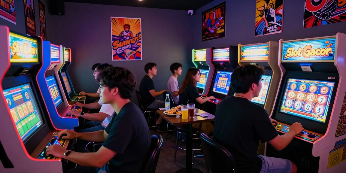 Pengunjung bermain slot gacor di lounge arcade dengan suasana yang meriah.