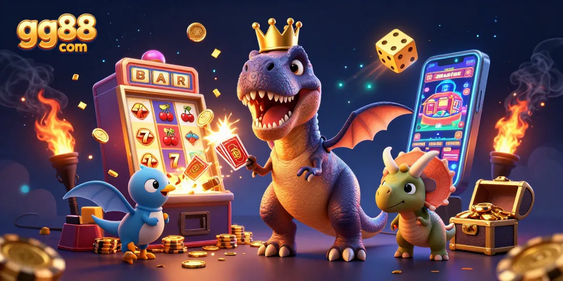 Experience excitement at gg88 com with a cartoon T-Rex playing cards amidst a jackpot explosion!