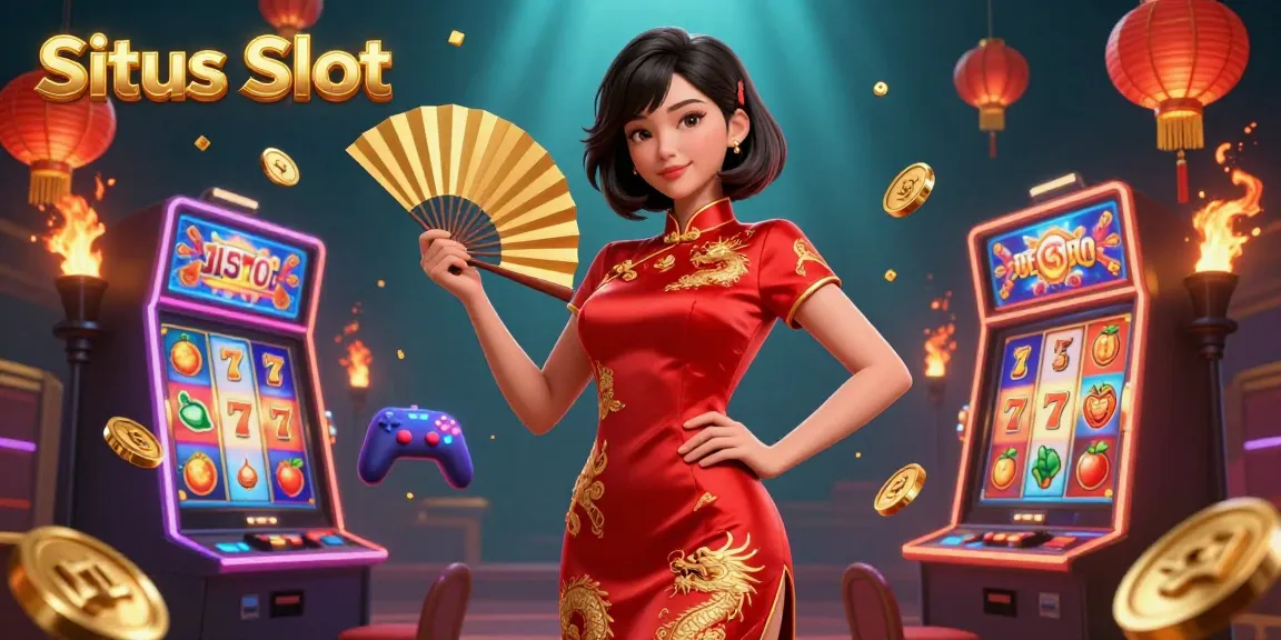 Situs Slot showcases a vibrant scene with a beautiful Asian woman in a qipao, surrounded by glowing slot machines and gold coins.
