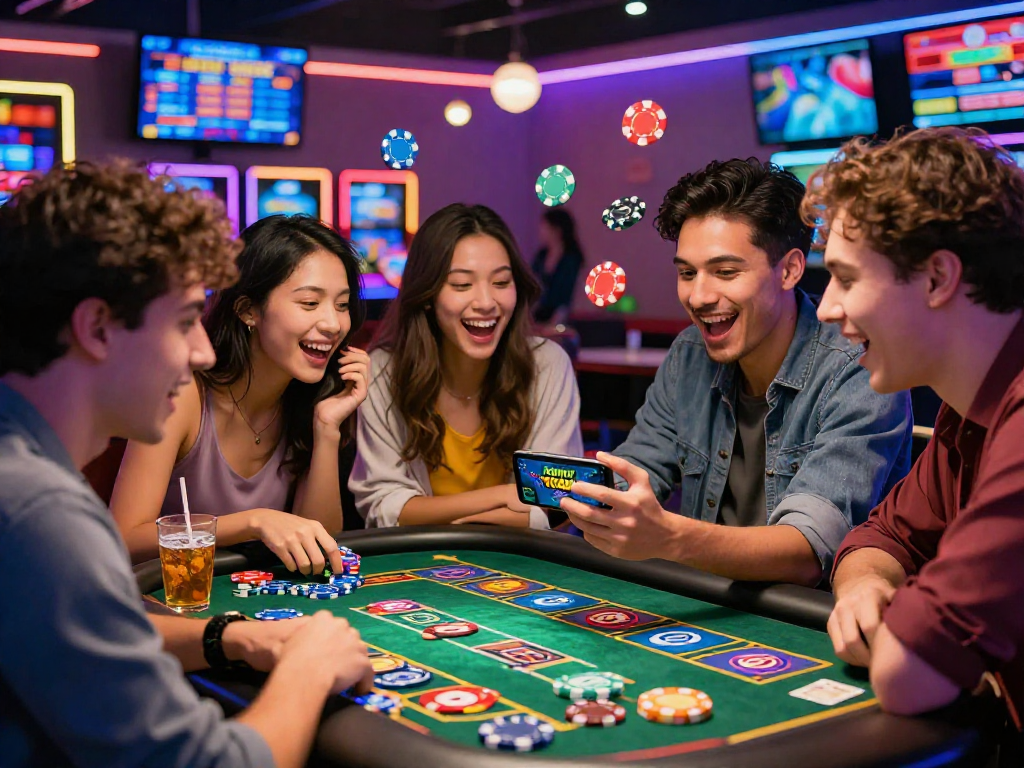 Excited friends engaging with the Teen Patti Vegas game link on their smartphone in a lively casino atmosphere.