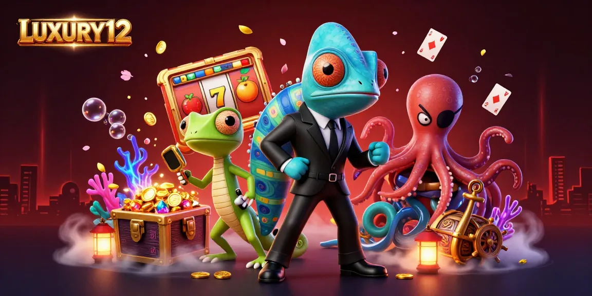 LUXURY12 offers thrilling casino gameplay with dynamic elements like slot reels and a colorful treasure scene.