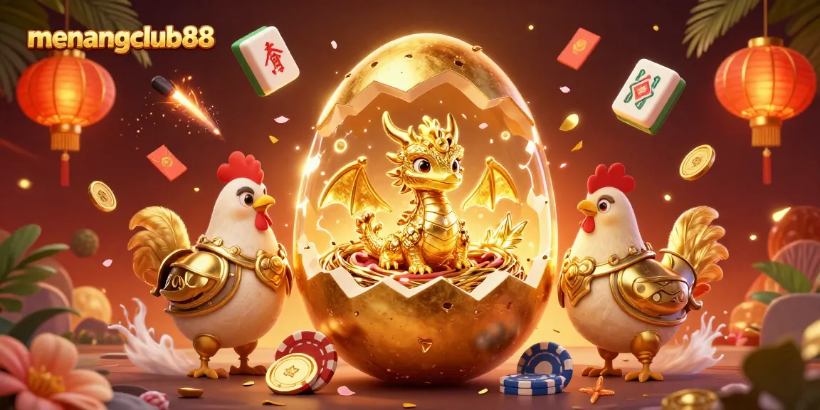 Engage with menangclub88 as a golden dragon emerges from a poker chip nest, symbolizing exciting gaming.
