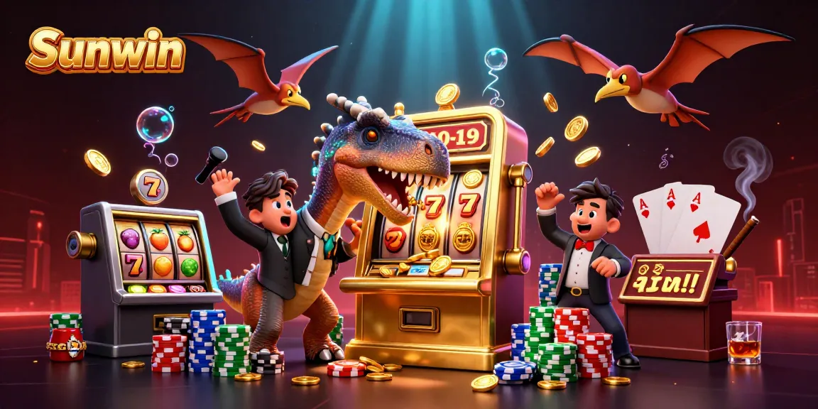 Sunwin features a cartoon dinosaur winning jackpot coins at a vibrant casino, showcasing excitement and fun.