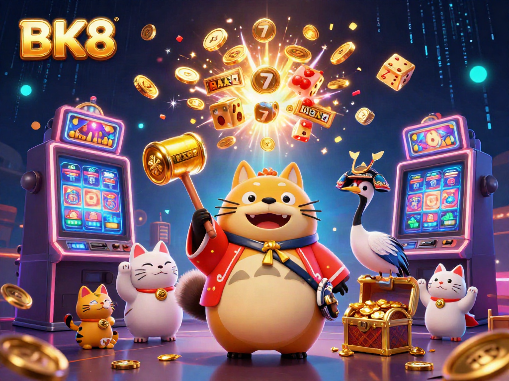 Experience BK8 slots with a cheerful tanuki, crane companion, and waving fortune cats in a vibrant casino scene.