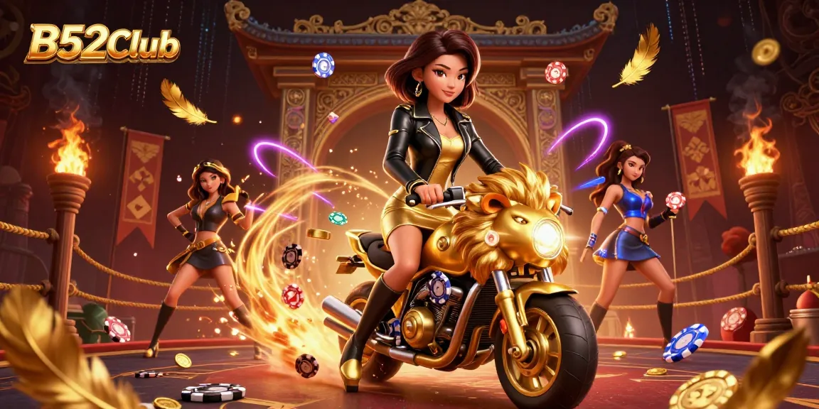 B52Club brings excitement to online gaming with a glamorous Asian woman on a golden lion, surrounded by vibrant casino elements.