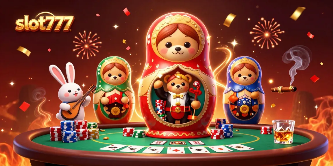 Engaging slot777 scene with 3D Matryoshka bears and casino elements, showcasing vibrant action and excitement.