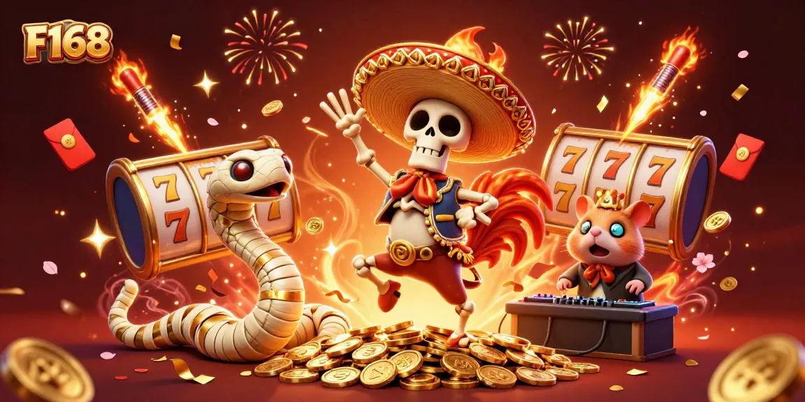 Experience thrilling gameplay at F168 with a vibrant scene of a mariachi rooster and friends dancing on a jackpot.