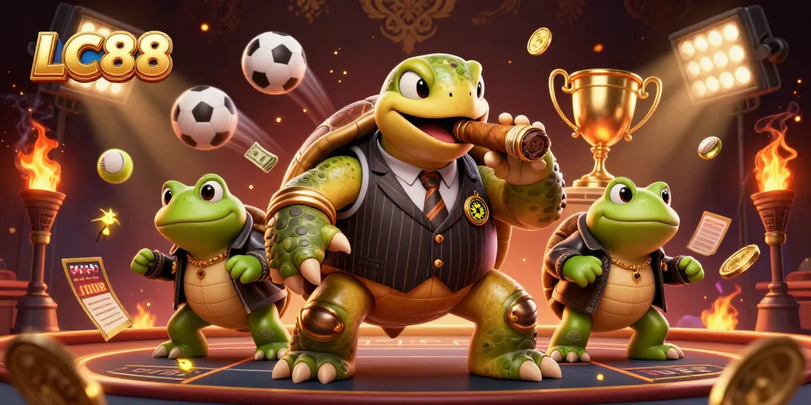 Experience thrilling gaming at LC88 with a massive turtle mobster and frog enforcers surrounded by casino excitement.