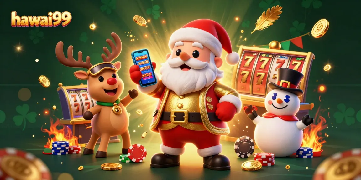 Experience exciting slot winnings with hawai99's vibrant casino scene featuring Santa and friends.