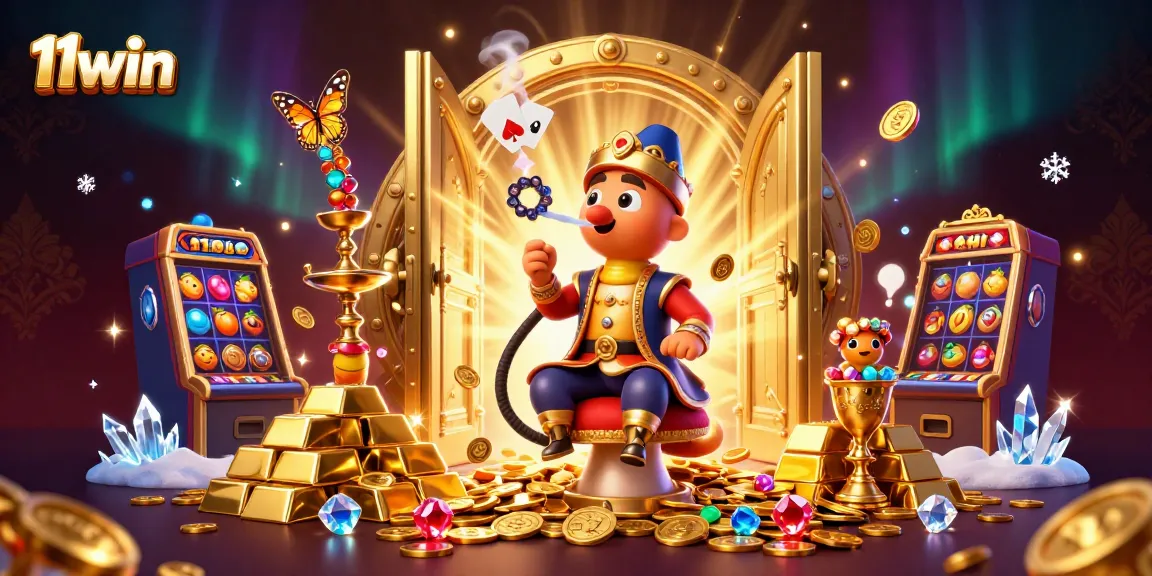 Play and win big with 11win in a vibrant casino scene featuring classic slot machines.
