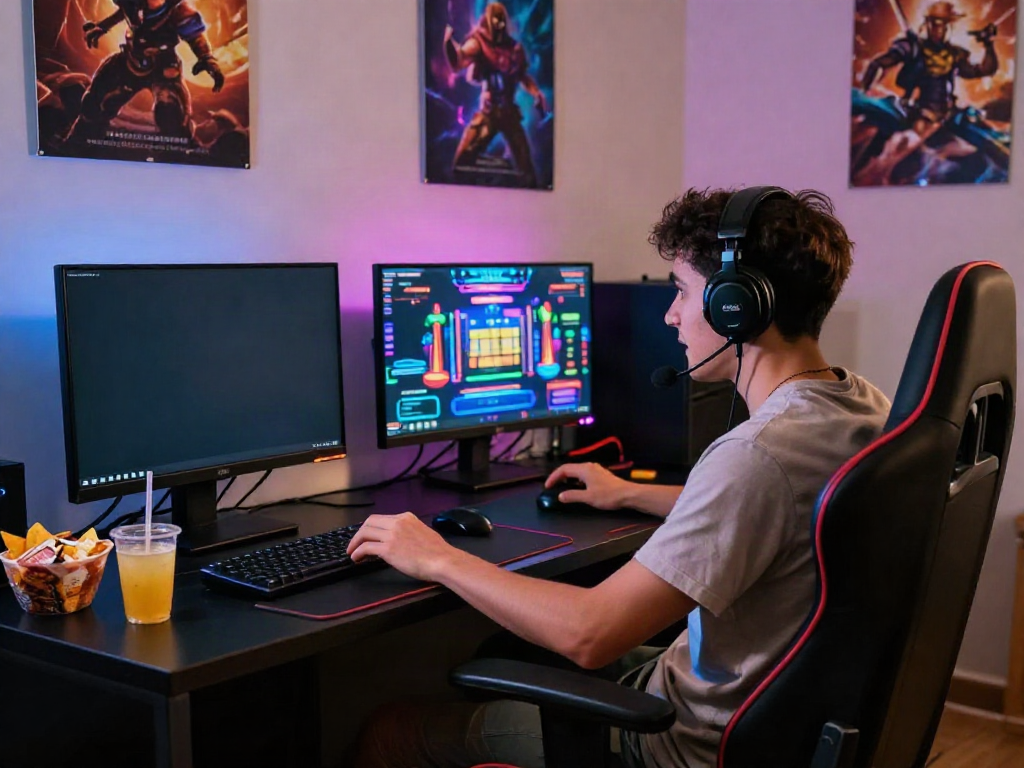 Gamer engaging in ทดลองสล็อต at a vibrant home gaming station with LED lights.