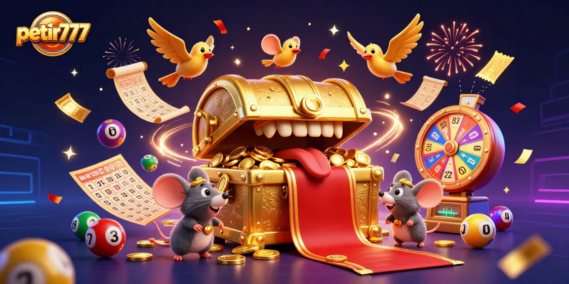 Experience excitement with petir777 as adventurer mice explore treasures in a vibrant casino illustration.