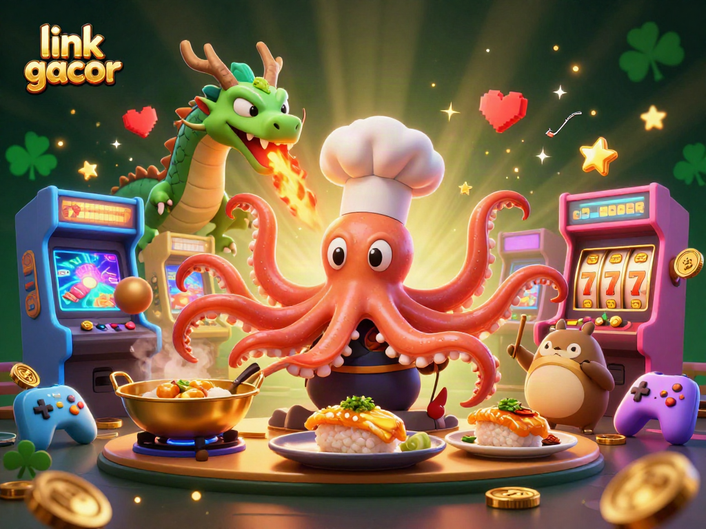 Engage with link gacor in this dynamic 3D casino scene featuring joyful characters and vibrant game elements.