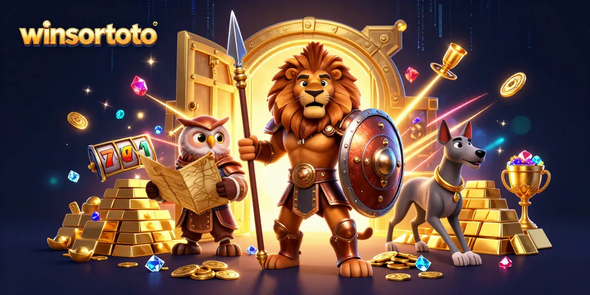 Spin the reels with winsortoto amidst golden treasure and animated characters in this vibrant casino scene.