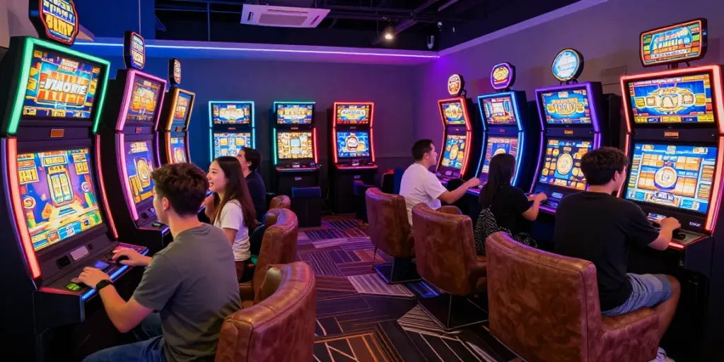 Players enjoying engaging slot games in a vibrant gaming lounge.