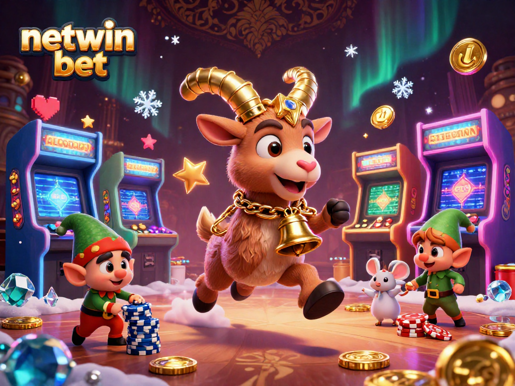 Engage with the netwin bet experience in a festive casino scene with animated characters.