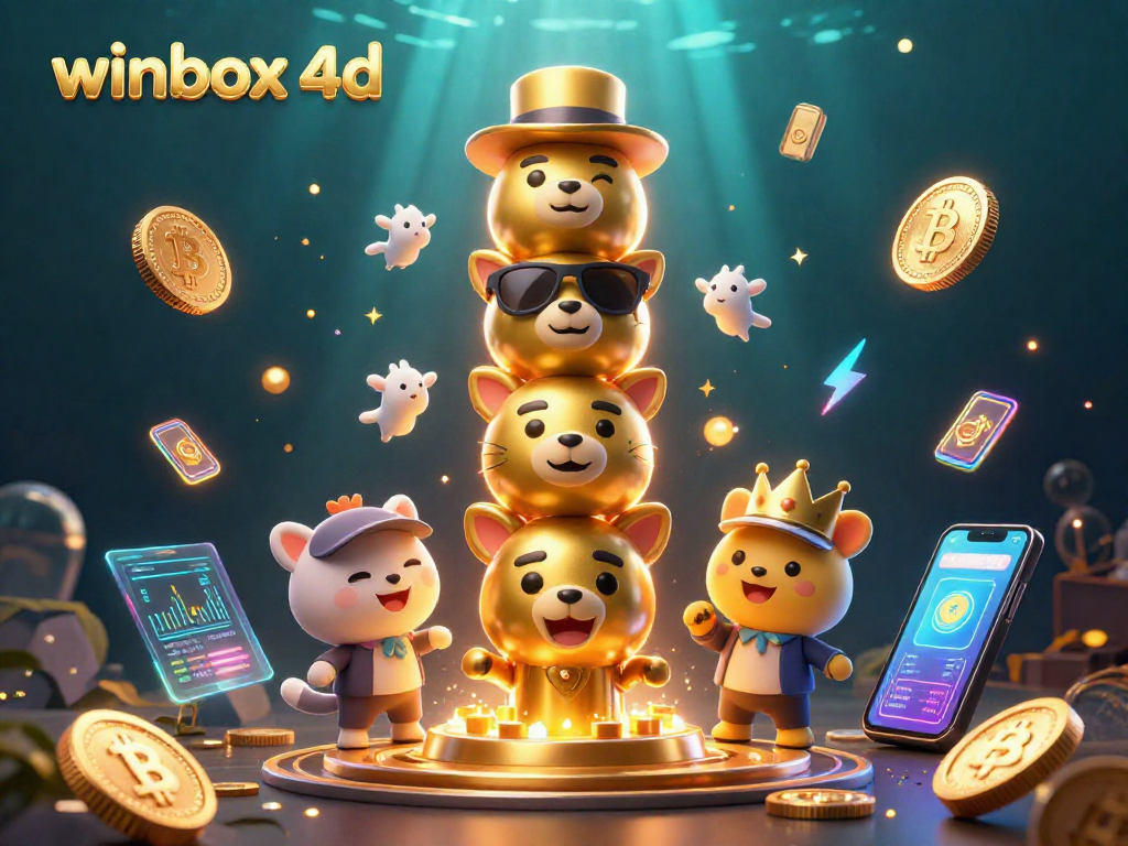 Experience winbox 4d with this vibrant 3D casino-themed illustration showcasing engaging crypto elements and characters.