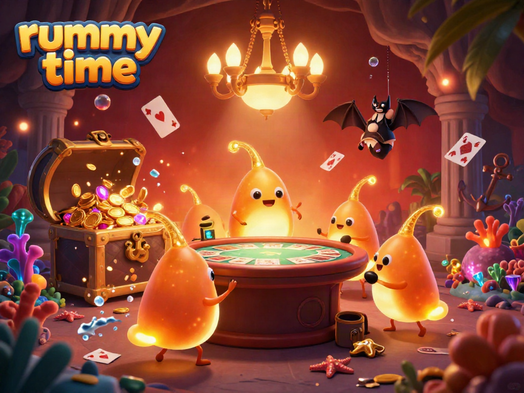 Engage with rummy time in a vibrant online casino environment illuminated by glowworms and a bat dealer.