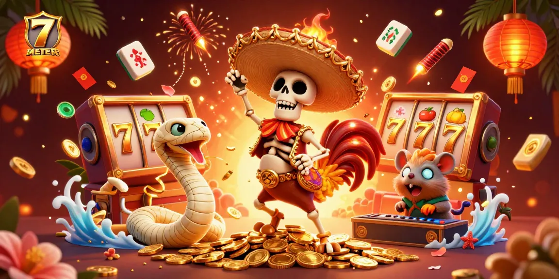 Experience the excitement of 7METER with vibrant characters celebrating amidst slot reels and gold coins.