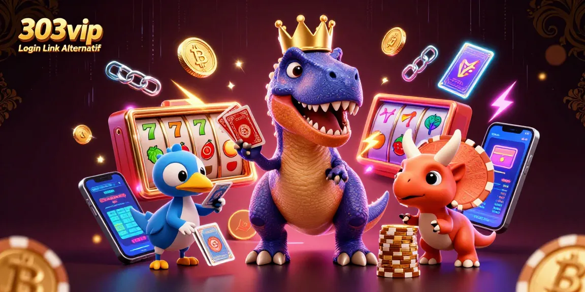 Play exciting games with 303vip Login Link Alternatif in a vibrant casino scene featuring animated dinosaurs.