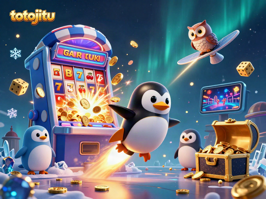 Experience thrilling gameplay with totojitu, featuring golden penguin and jackpot slots bursting with coins.