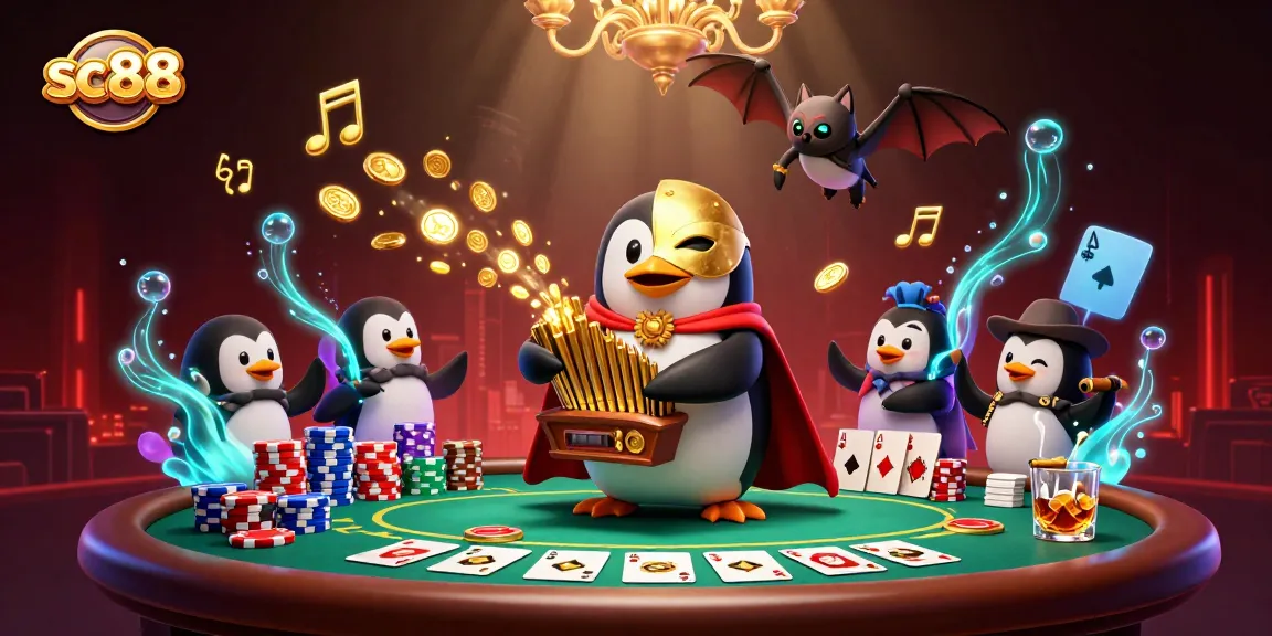 Experience thrilling gameplay with SC88, featuring a penguin near a poker table filled with chips and golden coins.