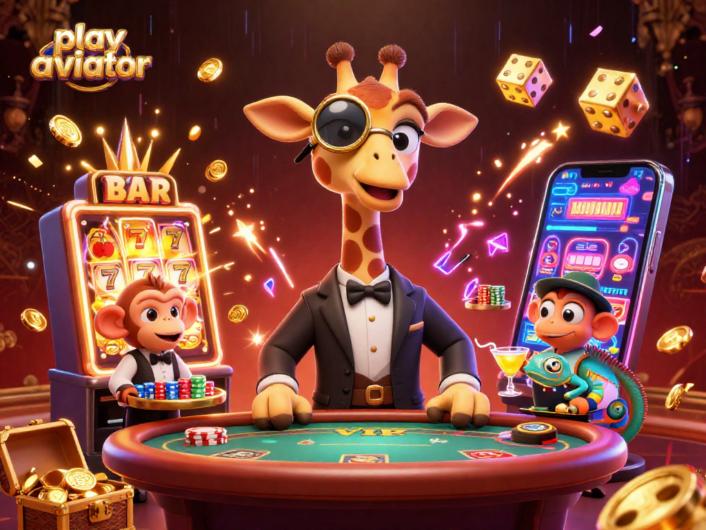 Play aviator for exciting wins with this vibrant casino scene featuring a high-roller giraffe and thrilling game elements.