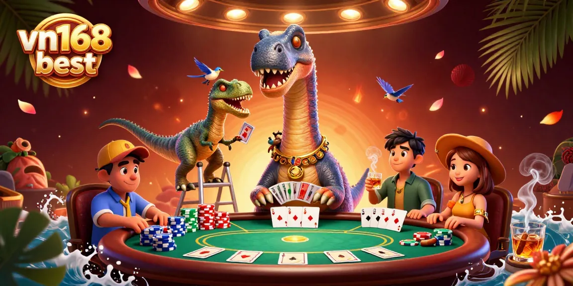 Engage in thrilling action at vn168 best while enjoying poker with a massive dinosaur dealer.