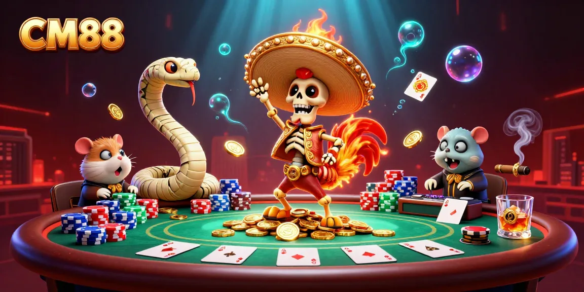 CM88: Celebrate with a vibrant victory dance among poker chips and characters in a lively casino scene.