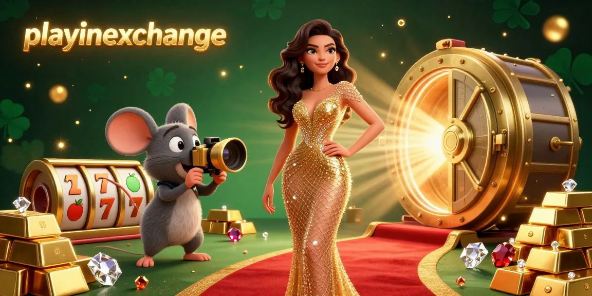 Engage with playinexchange's vibrant scene of winning excitement featuring a glamorous woman, dazzling treasures, and dynamic slot games.
