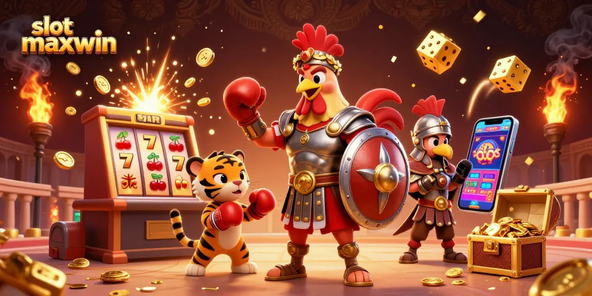 Menangkan jackpot di slot maxwin dengan ilustrasi 3D dari karakter gladiator dan mesin slot yang mengeluarkan koin.