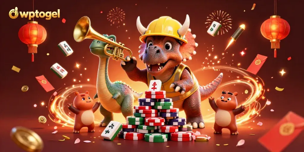 Membangun strategi permainan di dwptogel dengan triceratops membangun tumpukan chip poker di latar belakang penuh kemeriahan.