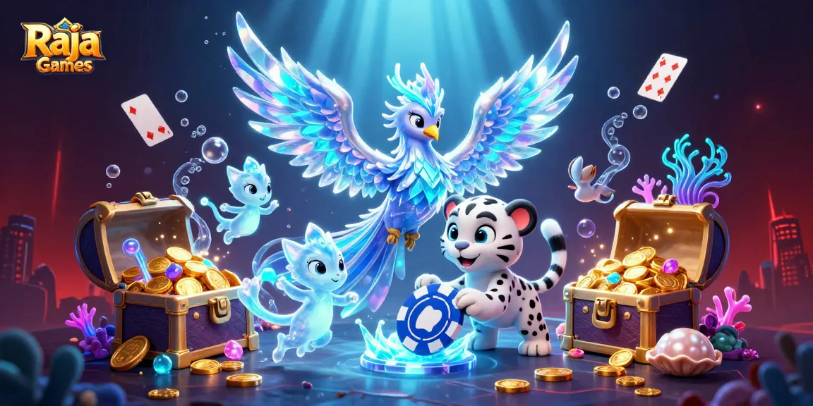 Engage with Raja Games through a dazzling scene showcasing an ice phoenix, snow leopard, and glowing sprites, bright and colorful.