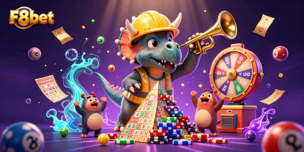 F8bet showcases a lively casino scene with games, colorful elements, and festive characters for a dynamic experience.