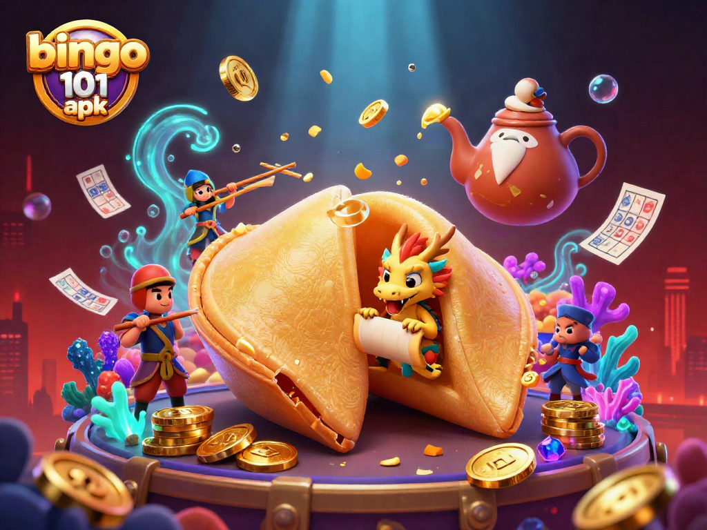 Experience the excitement of bingo 101 apk with a dynamic 3D scene of a fortune cookie and vibrant game elements.