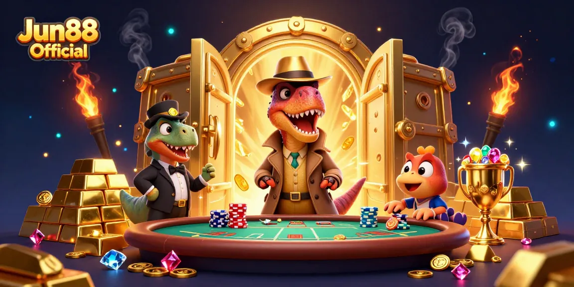 Engage with Jun88 Official's exciting blackjack scene featuring a cartoon velociraptor card counter.
