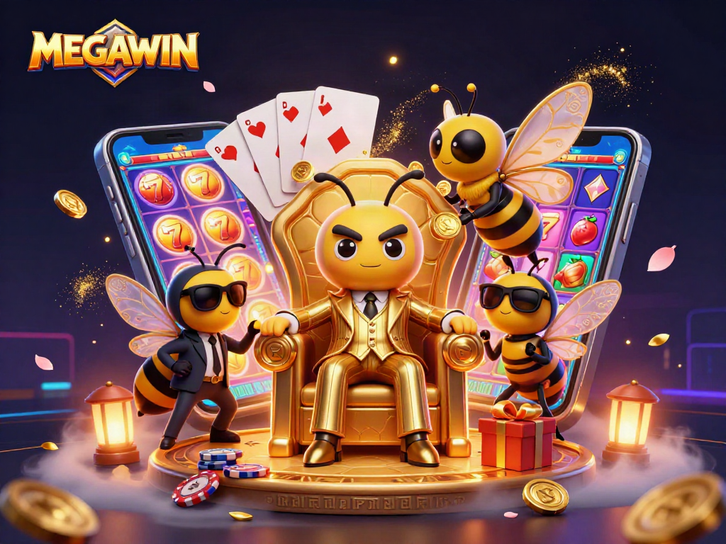 MEGAWIN showcases a 3D cartoon bumblebee mob boss with vibrant casino elements.