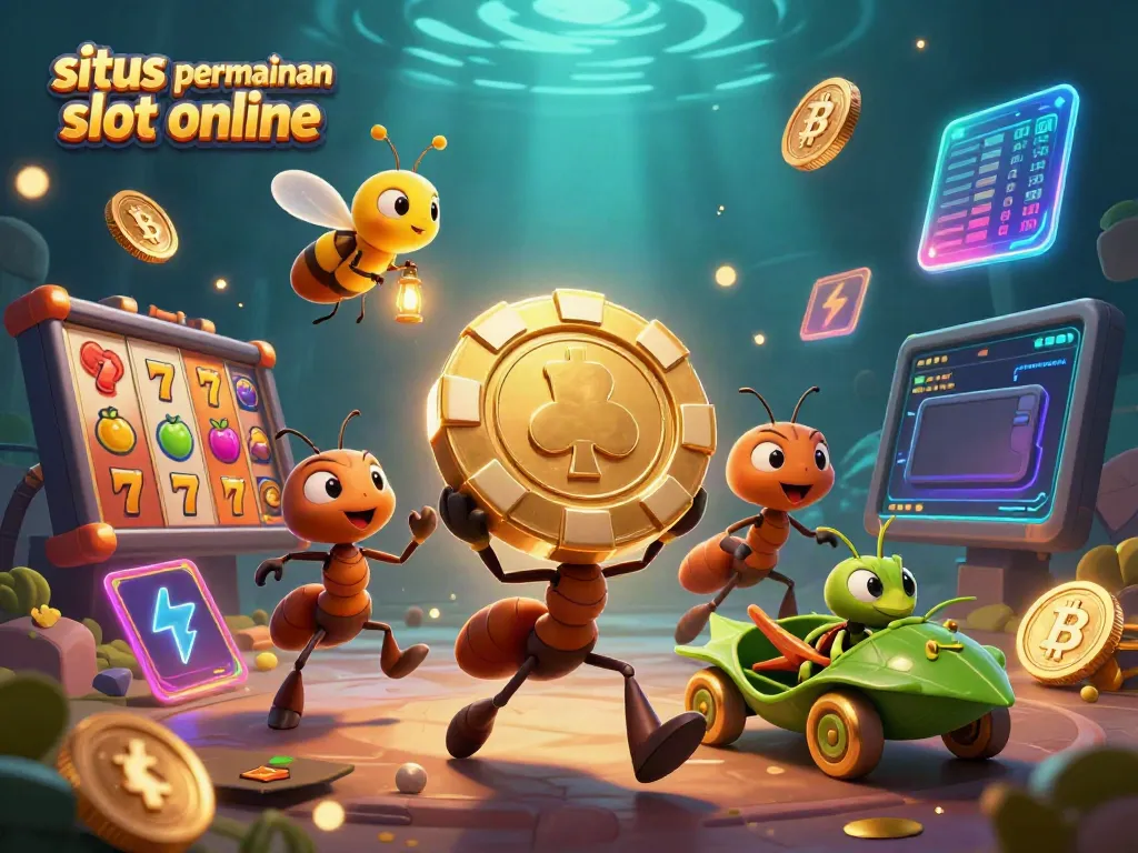 Menggambarkan situs permainan slot online dengan semut 3D yang menyusuri terowongan membawa chip poker emas, dikelilingi simbol slot dan koin crypto.