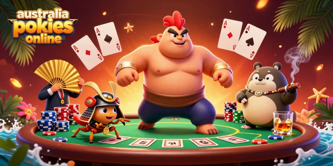 Engage with australia pokies online as a powerful sumo rooster and fierce cricket face off at a vibrant poker table.