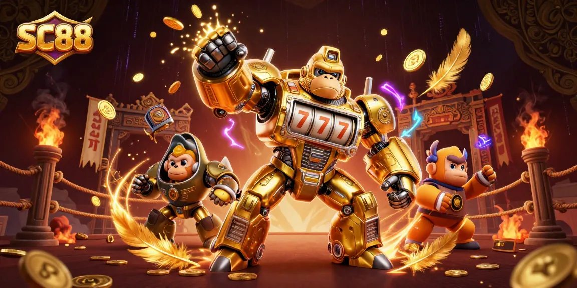 Engage with exciting SC88 slot adventures featuring a golden gorilla mech in action.