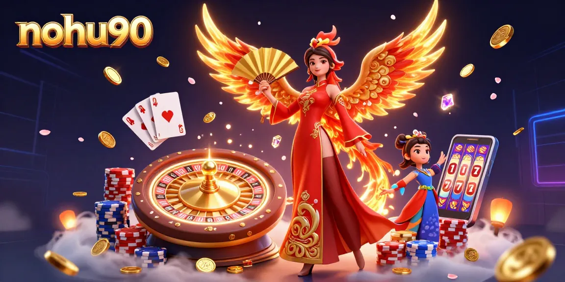 Nohu90 offers thrilling jackpot gaming with a beautiful casino scene featuring vibrant characters and dynamic elements.