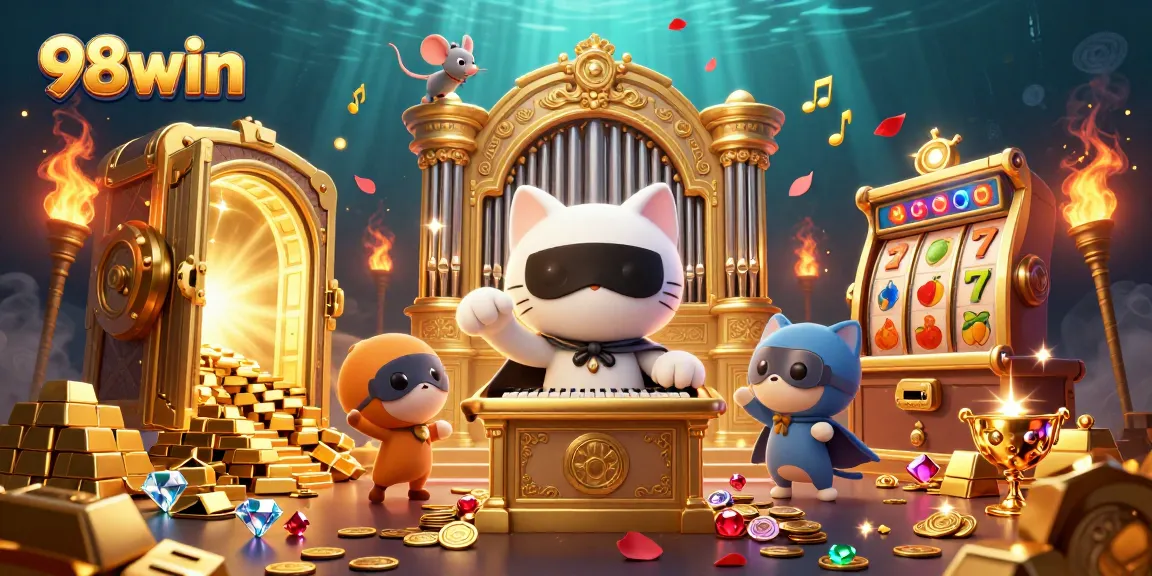 Experience 98win's thrilling casino atmosphere with vibrant characters and dazzling treasures.