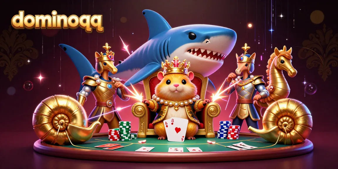 Engage with dominoqq in a vibrant 3D illustration featuring poker elements and a dynamic casino scene.