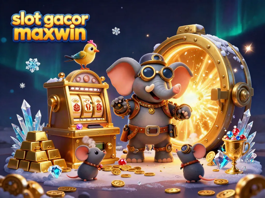 Engage with slot gacor maxwin in an ultra-detailed 3D circus scene featuring an engineer elephant at the slots.
