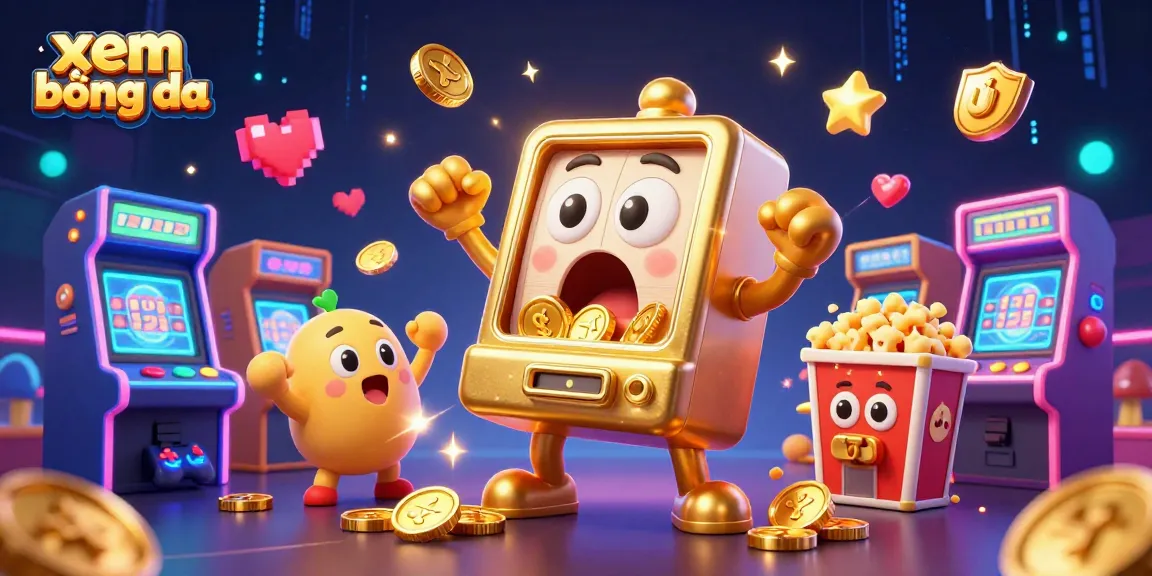 Xem bóng đá in action as a golden slot machine hits a jackpot with coins pouring out, surrounded by joyful characters.